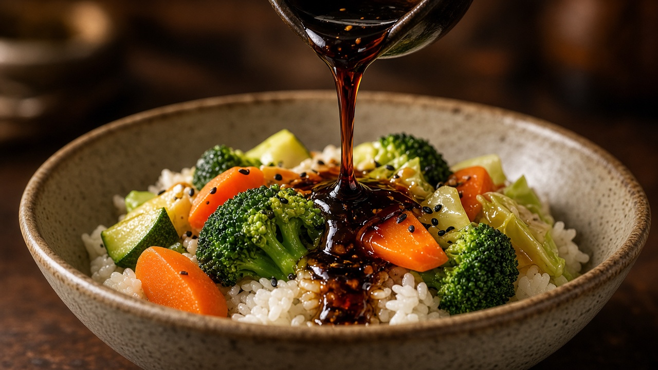 Black sesame oil drizzled on rice and vegetables