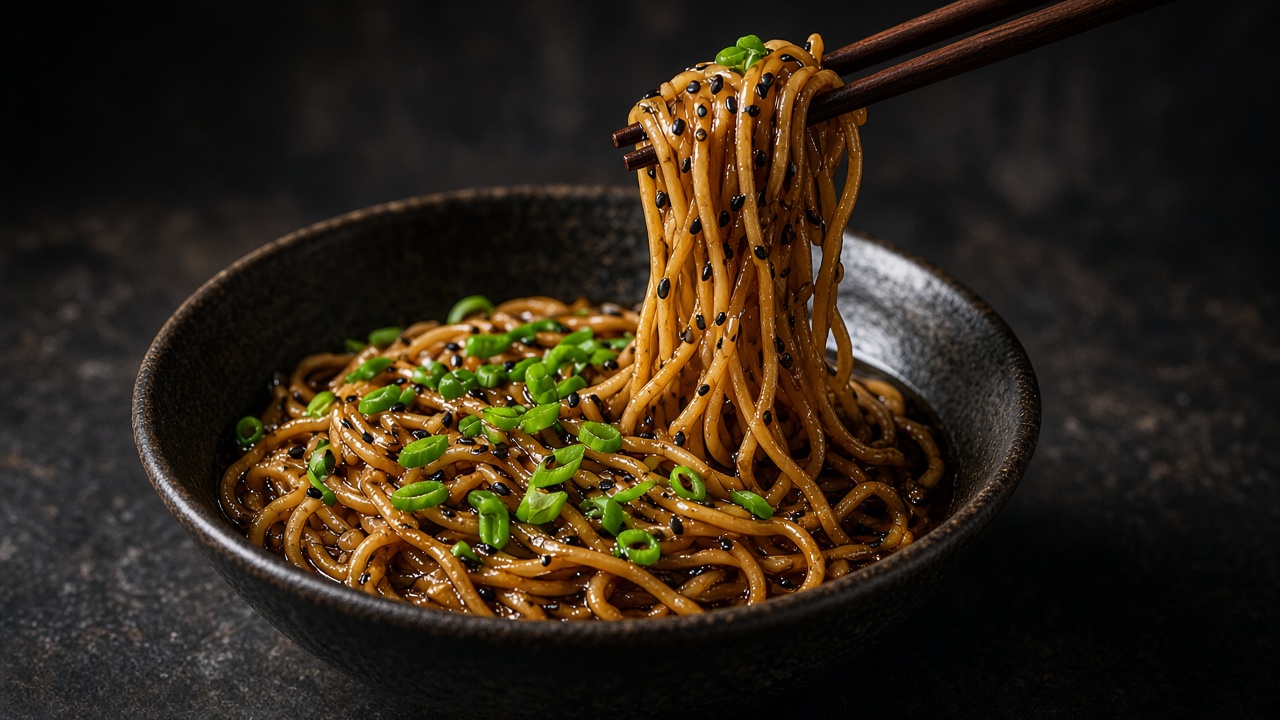 Noodles with black sesame oil and seeds