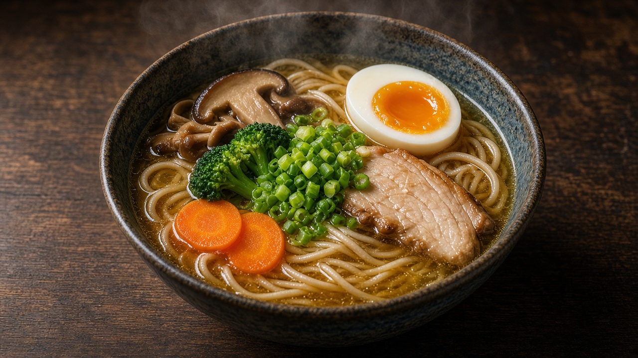 Ramen bowl with mushrooms, broccoli, carrots, green onions