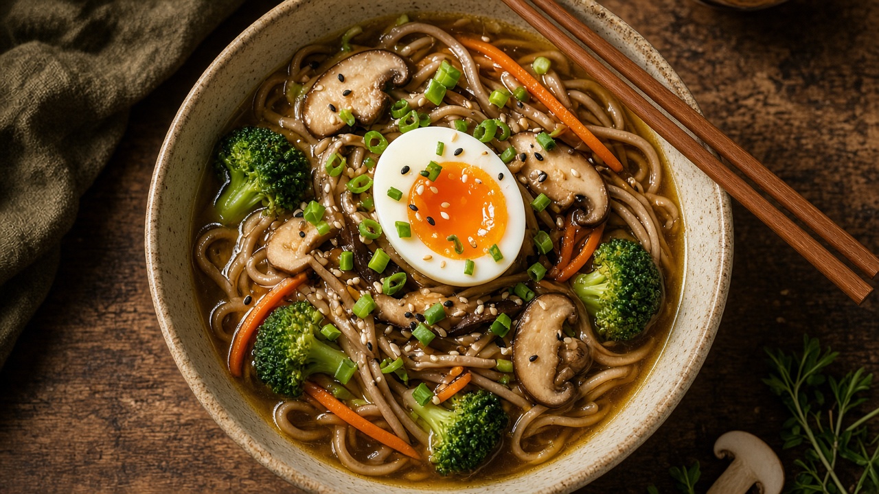 Soba in broth topped with soft egg