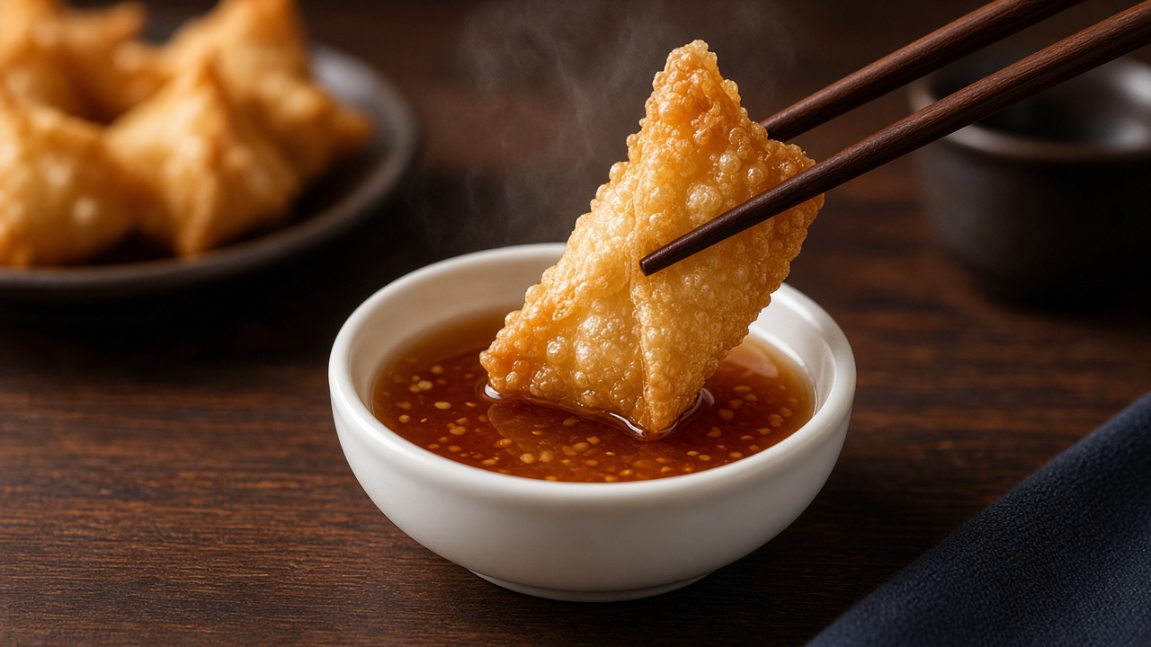 Wonton dipping into ponzu