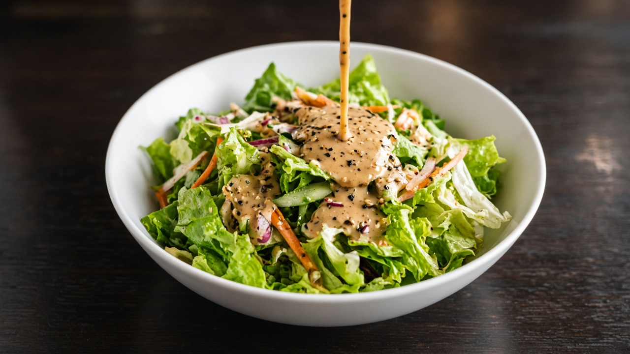 Sesame dressing drizzle on greens