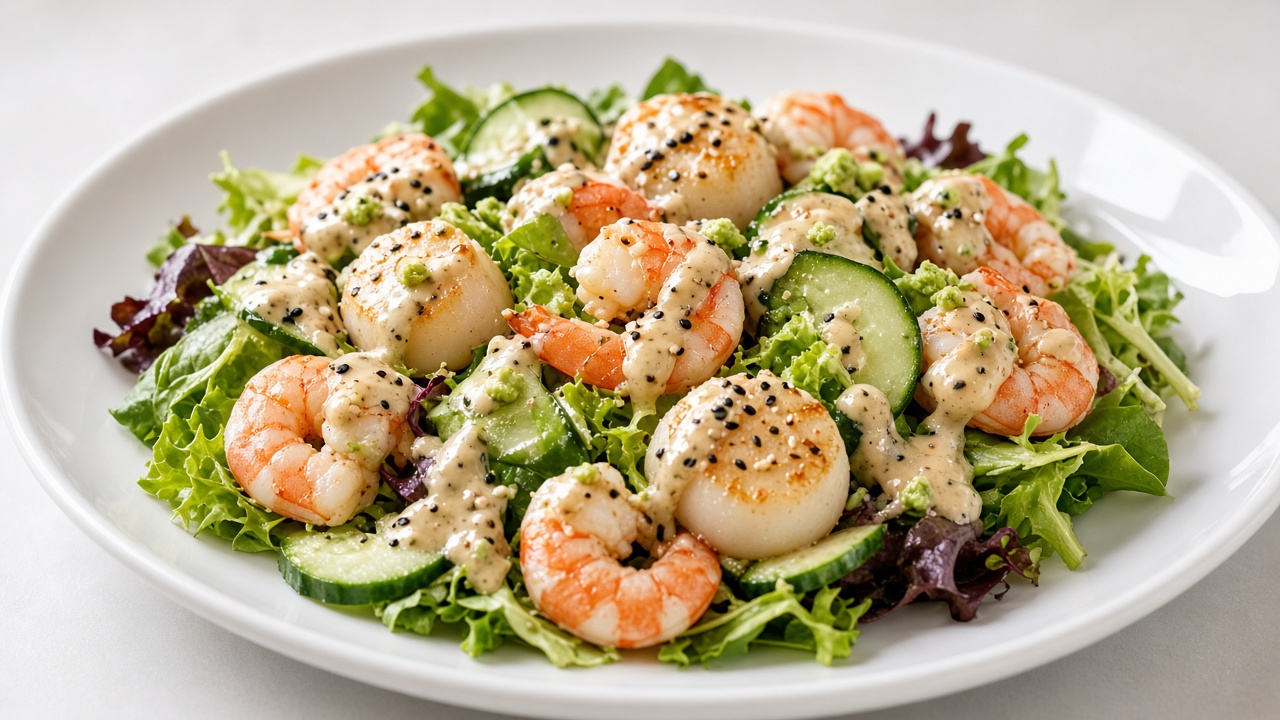 Shrimp and scallop sea salad with wasabi sesame dressing