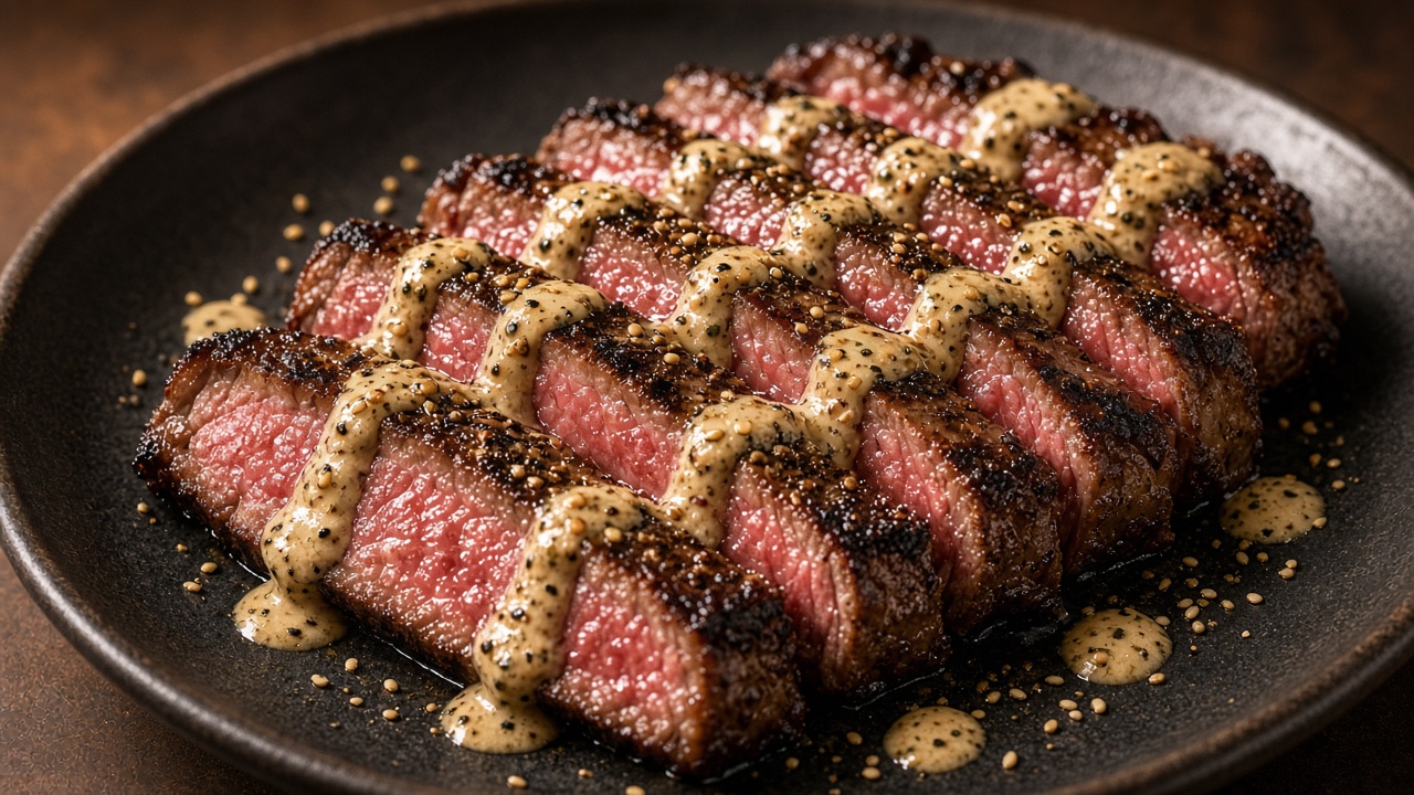 Steak with wasabi sesame dressing drizzle