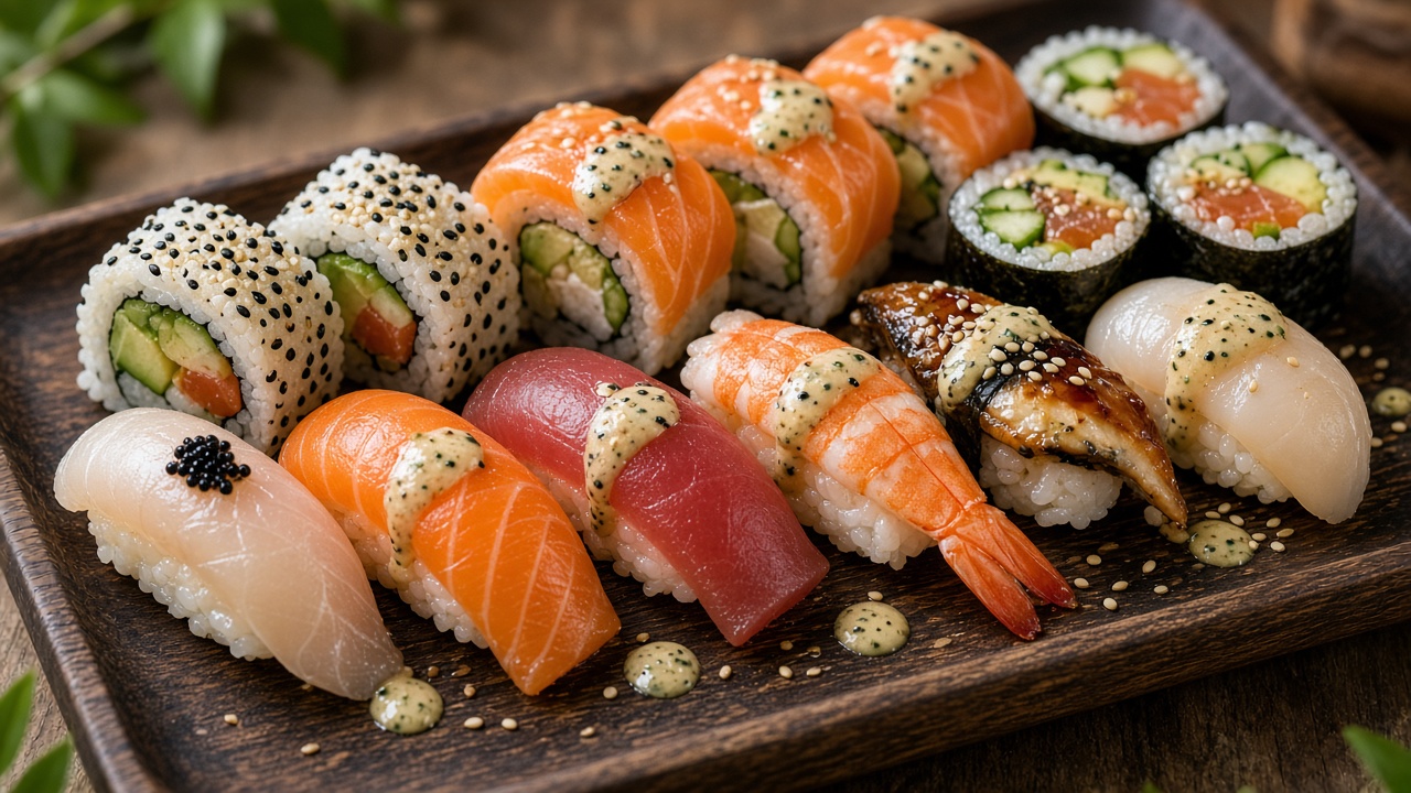 Sushi with wasabi sesame dressing drizzle
